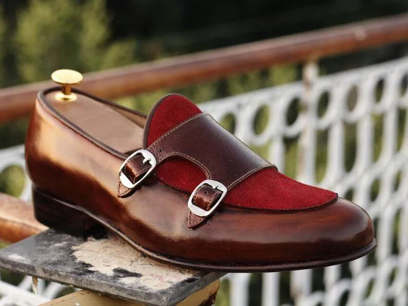 Awesome Handmade Men's Leather Suede Brown & Burgundy Double Monk Slip On Loafers