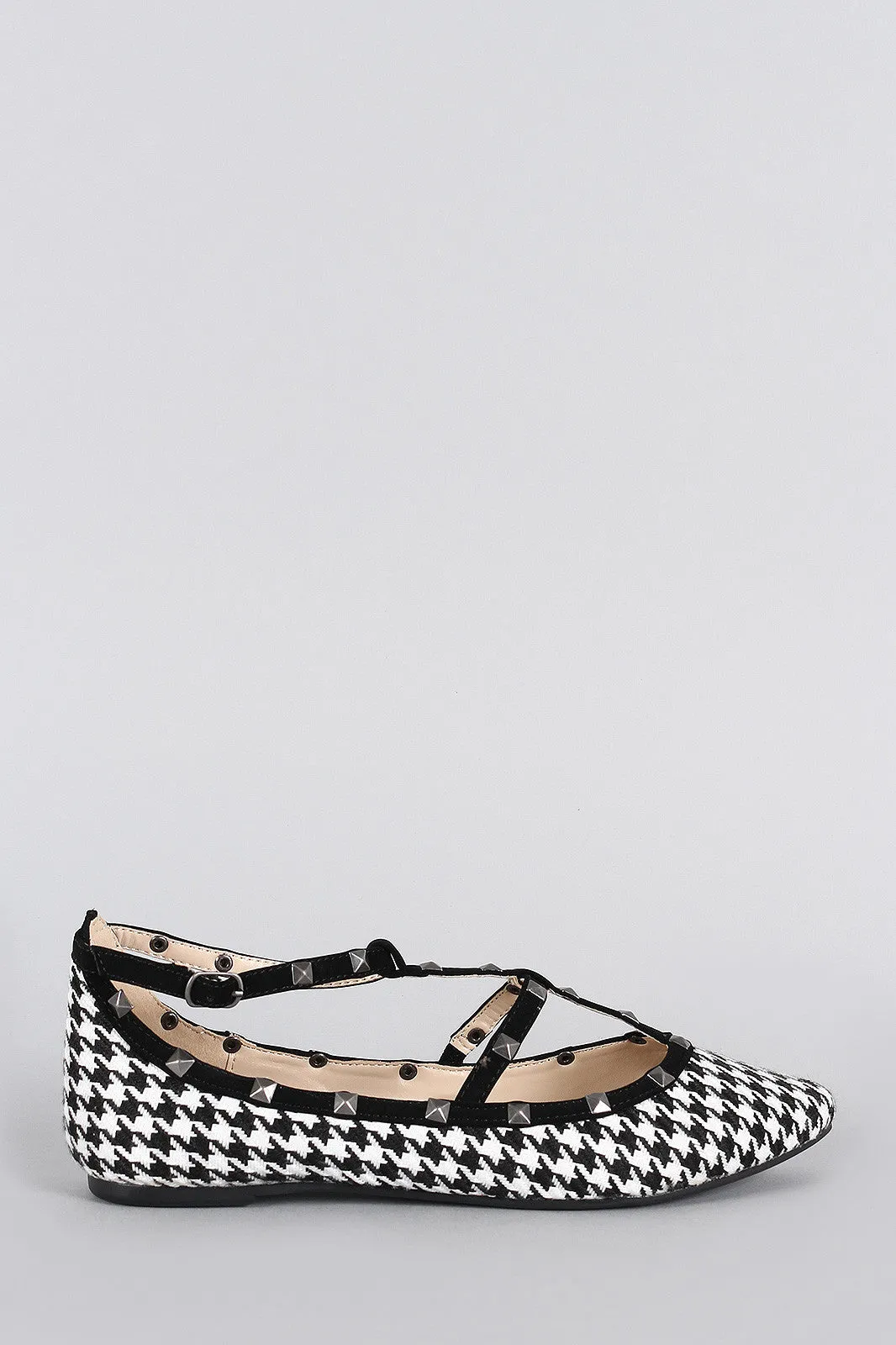 Bamboo Studded Cage Houndstooth Pointy Toe Flat