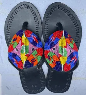 Beautiful multicolored blue leather handmade masaai masai maasai ladies slipper sandals slippers with free shipping world wide