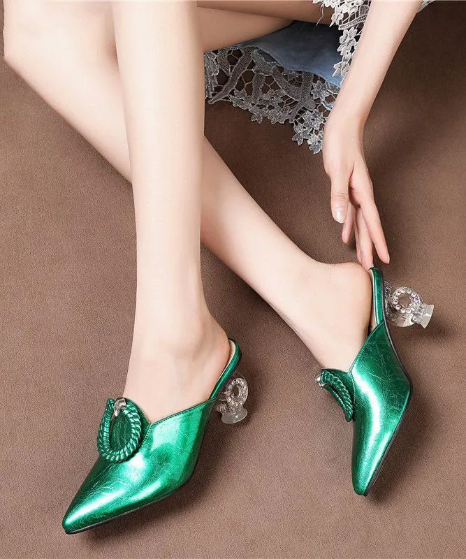 Beautiful Pointed Toe Chunky Clear Heels Green Cowhide Leather Slide Sandals LC0166