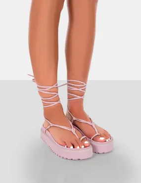 Bebe Pink PU Chunky Flatform Lace up Sandals