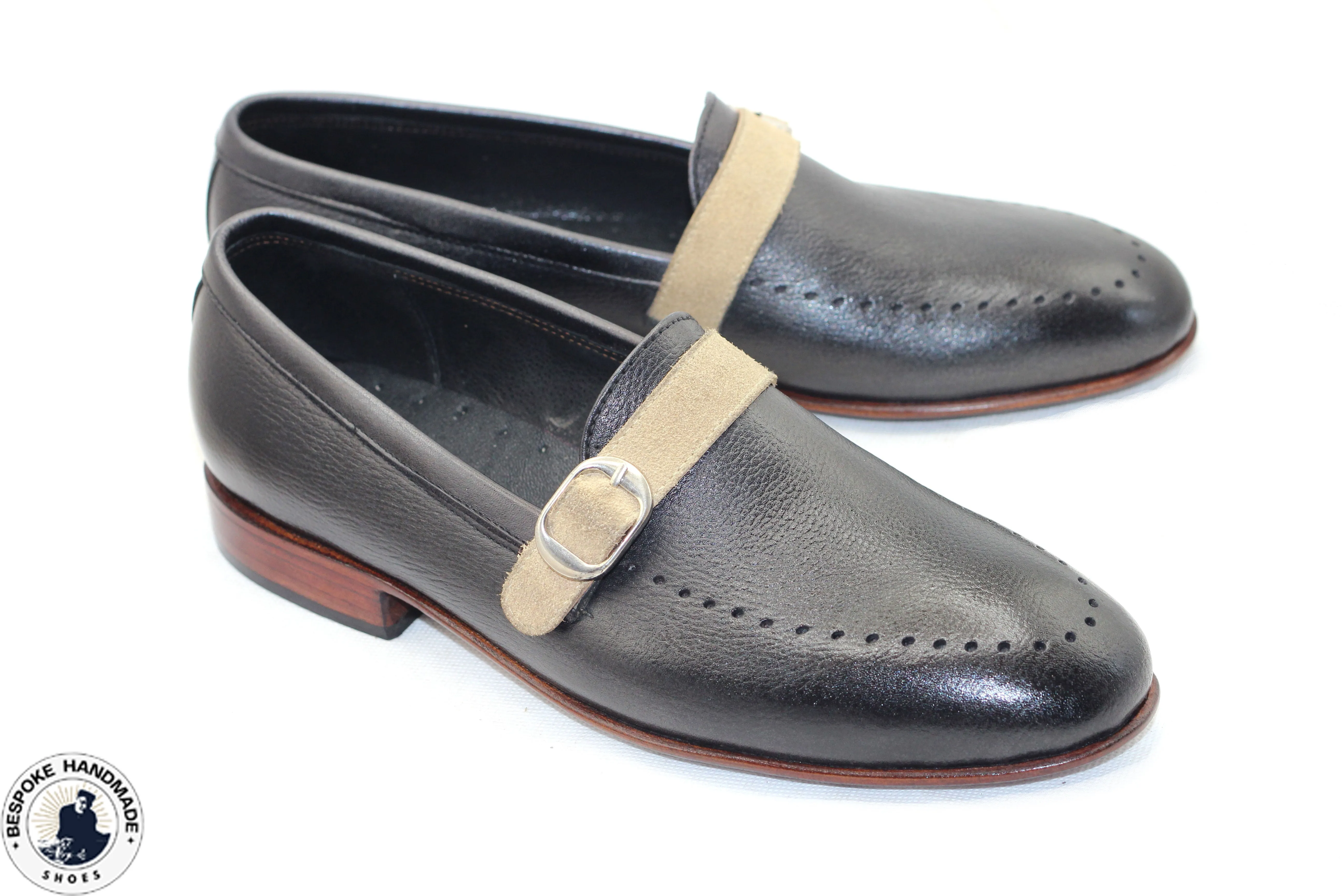 Bespoke Two Tone Black Leather Beige Suede Formal Shoes, Slip On Loafers Monk Strap Shoes