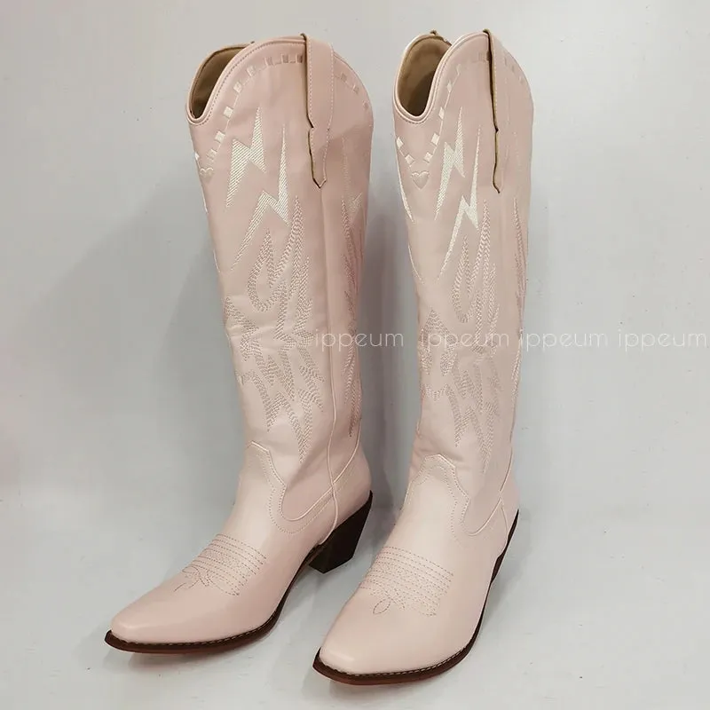 Black Knee High Western Cowboy Boots For Women Embroidered White Pointed Toe Shoes White Wide Calf Cowgirl Boots