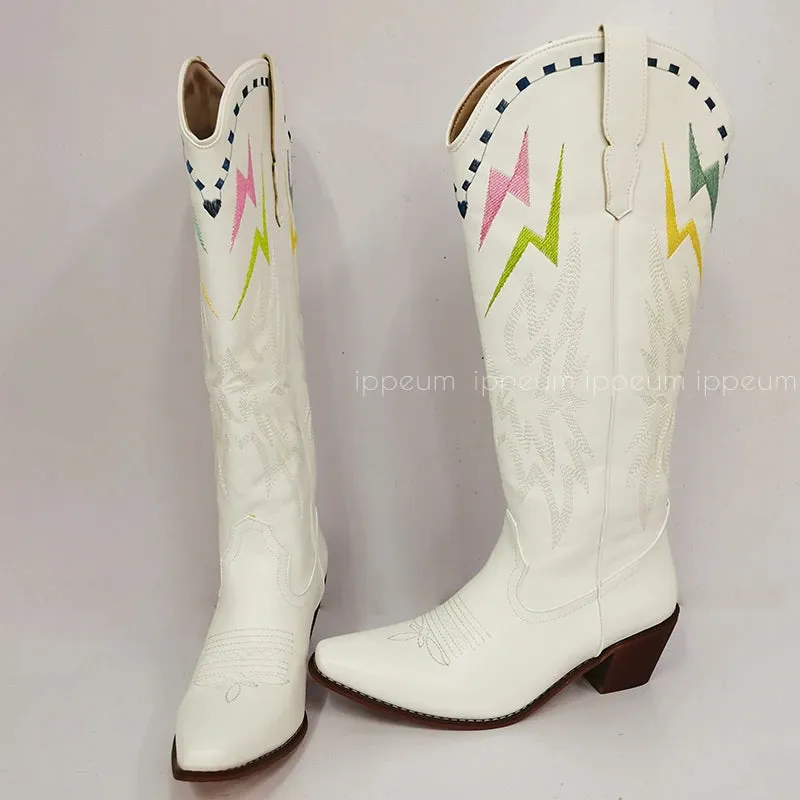 Black Knee High Western Cowboy Boots For Women Embroidered White Pointed Toe Shoes White Wide Calf Cowgirl Boots