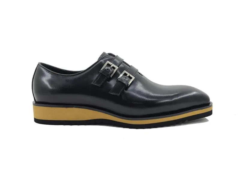 Black Loafer Burnished Double Monk Whole Cut Loafer Leather