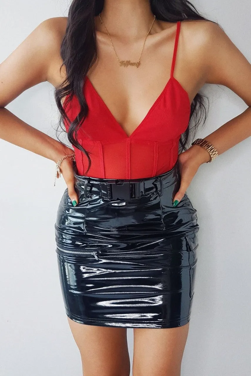 Black Vinyl Utility Mini Skirt