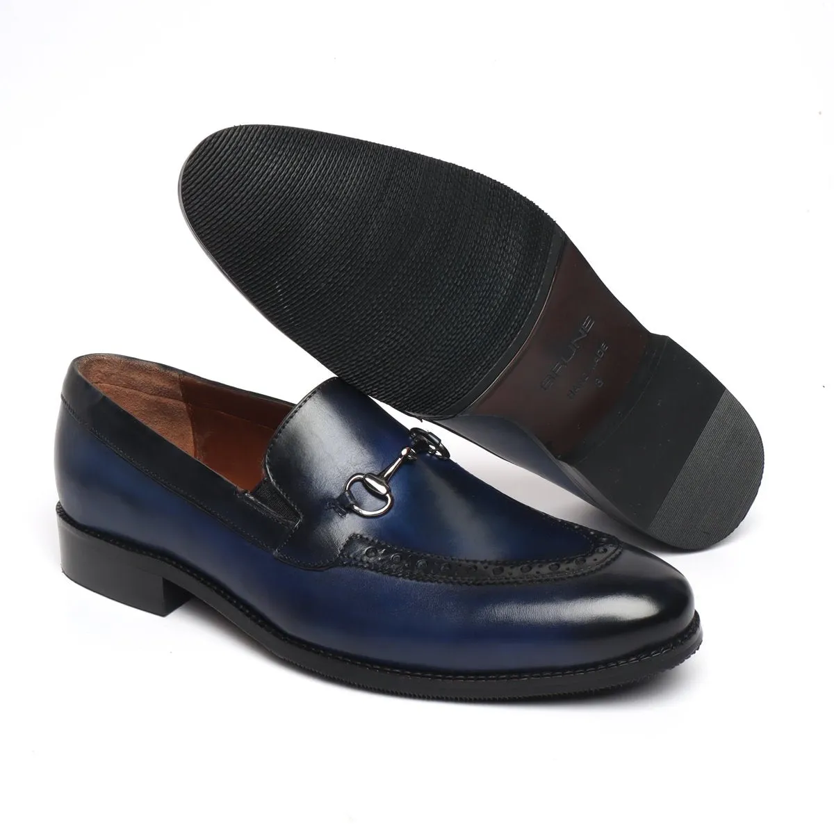 Blue Brogue Leather Loafer with Horse bit Detailing