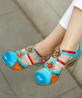 Bohemian Blue Hollow Out Floral Splicing Chunky Sandals CZ1044