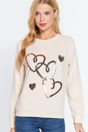 Bone Beige Sequins French Terry Crewneck Sweatshirt Pullover Top_