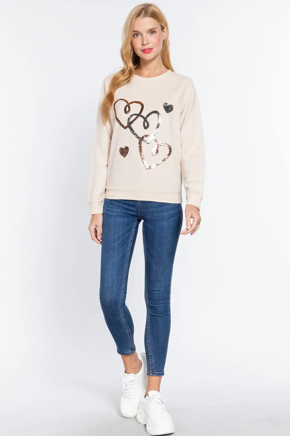 Bone Beige Sequins French Terry Crewneck Sweatshirt Pullover Top_