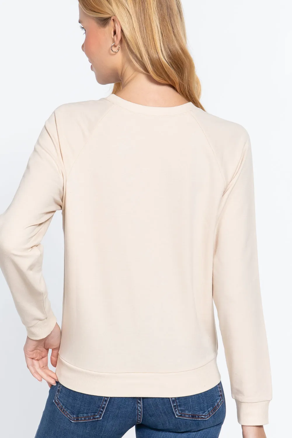 Bone Beige Sequins French Terry Crewneck Sweatshirt Pullover Top_