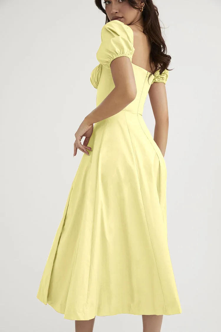 Breezy Off Shoulder Tie Front Puff Sleeve High Slit Midi Sundress - Yellow