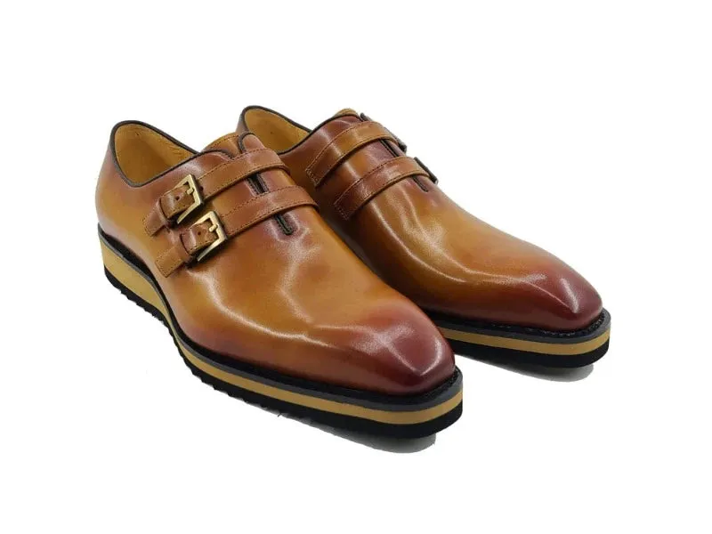 Carrucci Cognac Loafer Burnished Double Monk Leather Casual Shoes