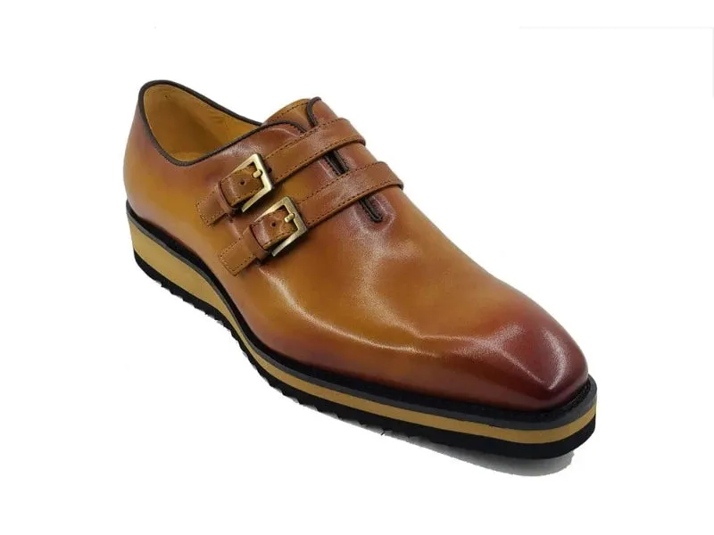 Carrucci Cognac Loafer Burnished Double Monk Leather Casual Shoes