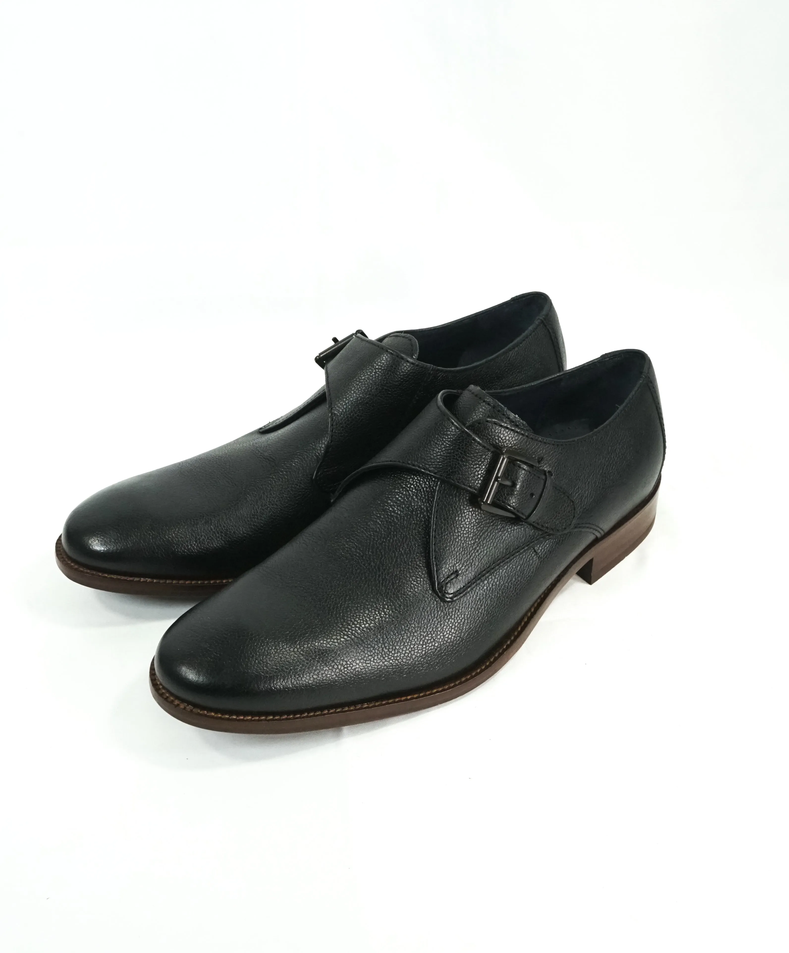 COLE HAAN - Black Single Monk Strap Pebbled Leather Loafers - 11