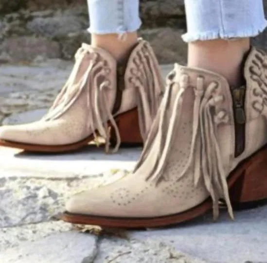 Cowgirl Boots Fringe Western Booties Female Suede Low Heel Round Toe Tassel Boots