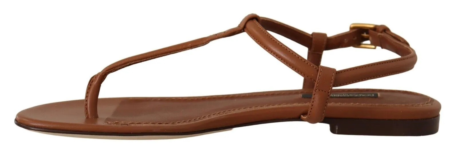 Dolce & Gabbana Brown Leather T-strap Slides Flats Sandals Shoes