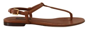 Dolce & Gabbana Brown Leather T-strap Slides Flats Sandals Shoes