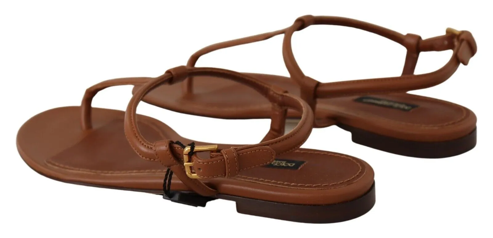 Dolce & Gabbana Brown Leather T-strap Slides Flats Sandals Shoes