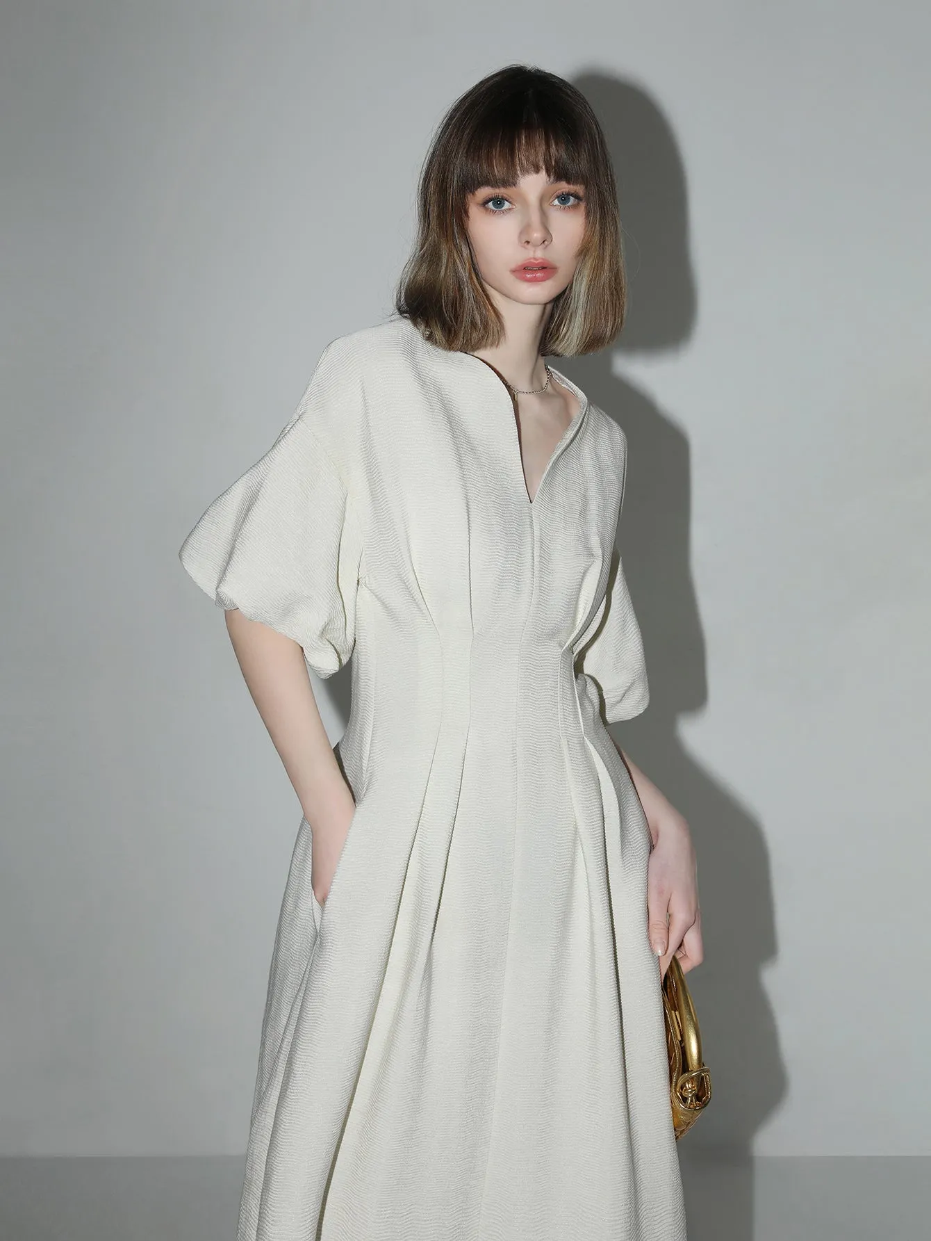 Elegant Textured Pleated French Tea Dress