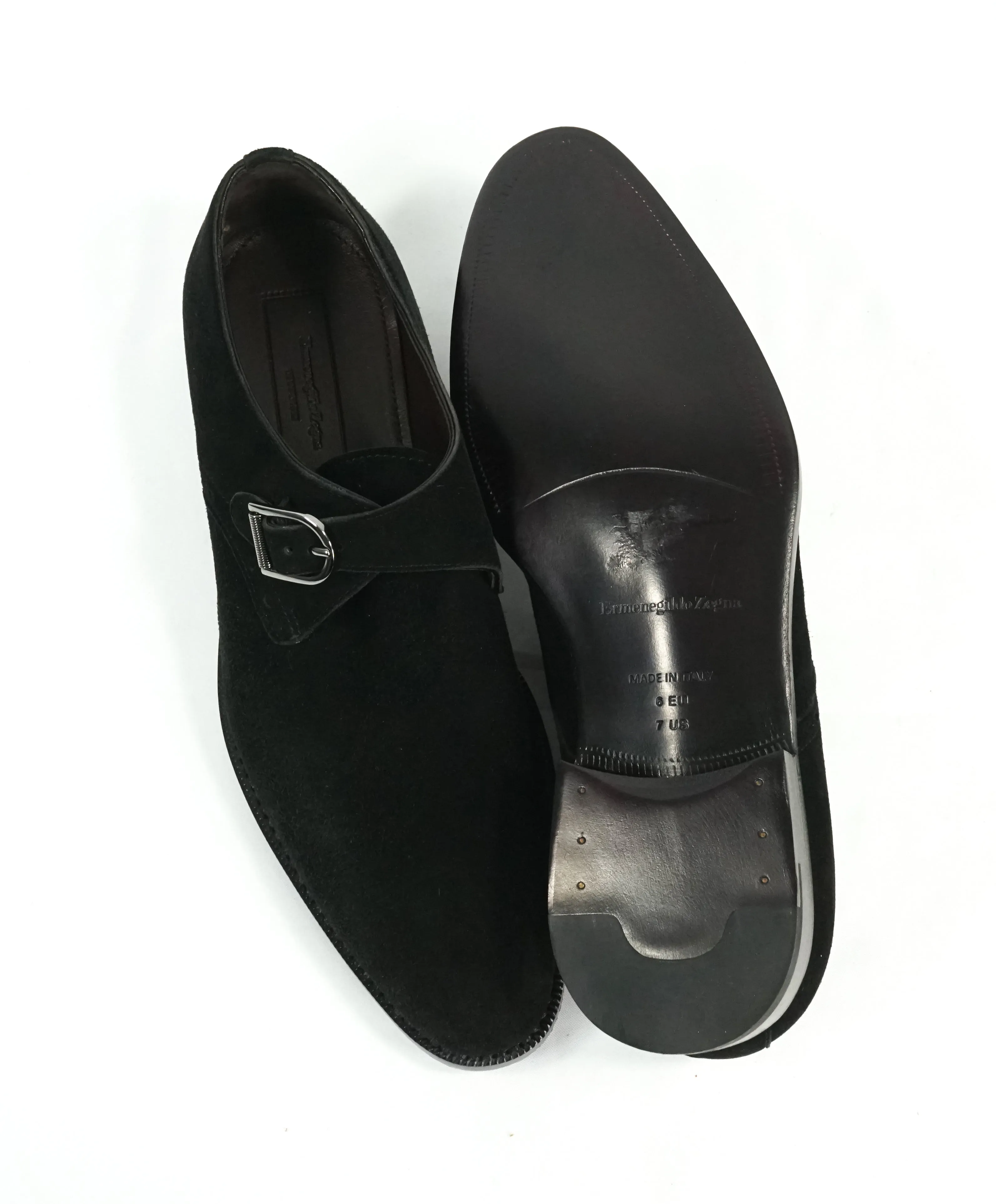 ERMENEGILDO ZEGNA - Black Suede Single Monk Strap Sleek Loafers - 7