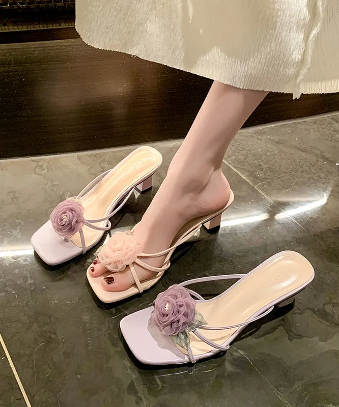 Fashion Splicing Floral Chunky Heel Purple Slide Sandals AA001