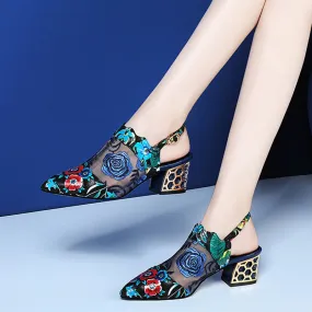 Floral Mesh Embroidery Buckle Strap Block Heel Pumps