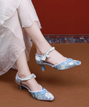 French Blue Embroidered Buckle Strap Silk Velour Chunky Heel RT1041