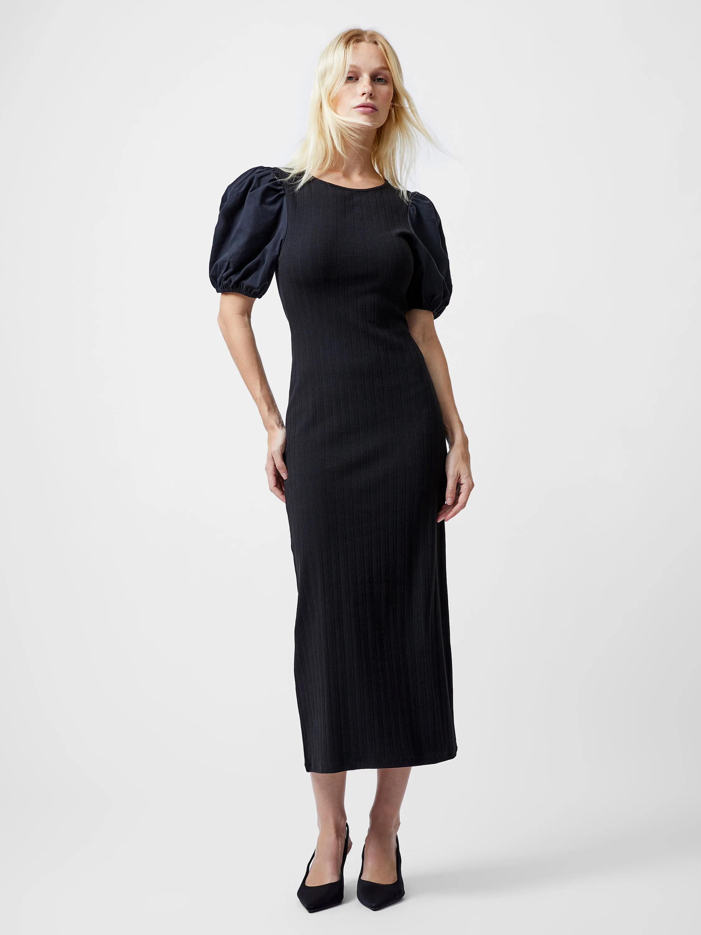 French Connection Sasia Rib Puff Sleeve Midi Dress in Black 71YDL