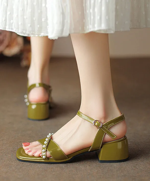 Green Chunky Heel Faux Leather Beautiful Splicing Nail Bead Sandals XC1013