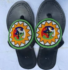 Green flowered beaded handmade leather masai/ masaai maasai ladies slipper sandals with free shipping world wide