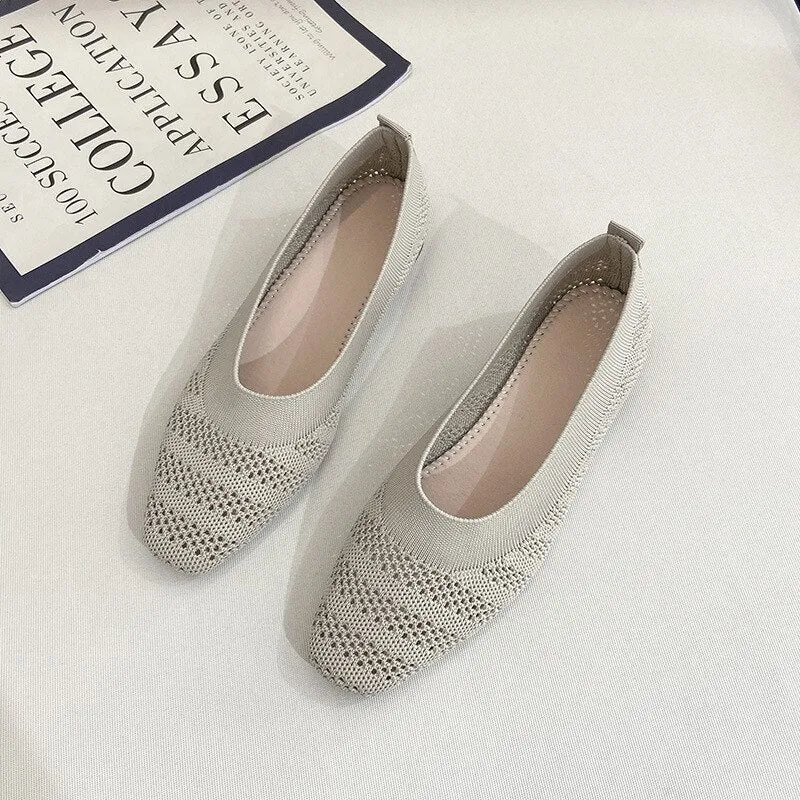 Hnzxzm Summer Footwear Fashion Ladies Shallow Mesh Flats Daily Work Single Slippers Pea Loafers Women's Square Toe Knitted Shoes