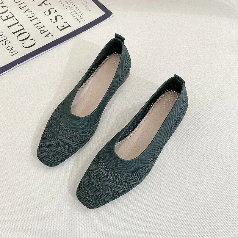 Hnzxzm Summer Footwear Fashion Ladies Shallow Mesh Flats Daily Work Single Slippers Pea Loafers Women's Square Toe Knitted Shoes