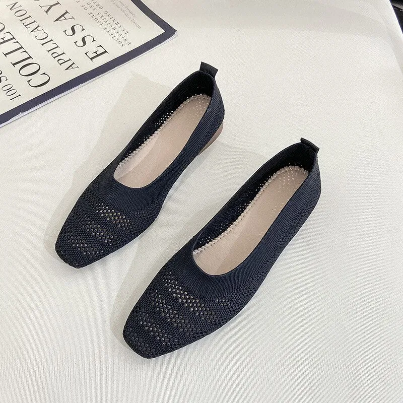 Hnzxzm Summer Footwear Fashion Ladies Shallow Mesh Flats Daily Work Single Slippers Pea Loafers Women's Square Toe Knitted Shoes