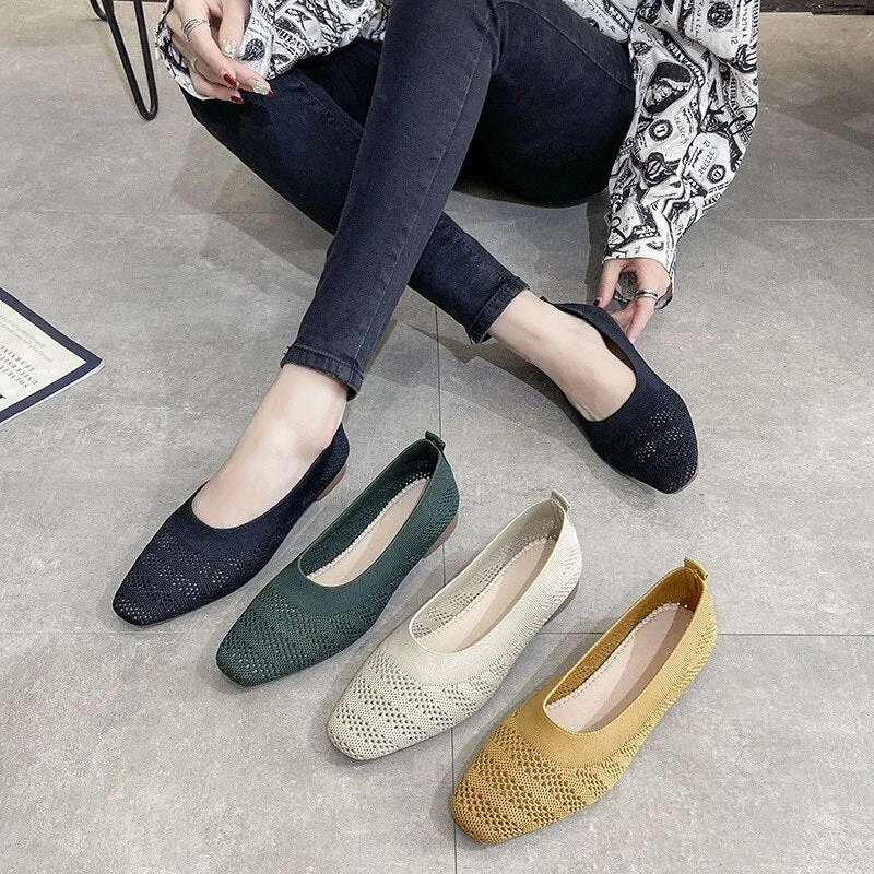 Hnzxzm Summer Footwear Fashion Ladies Shallow Mesh Flats Daily Work Single Slippers Pea Loafers Women's Square Toe Knitted Shoes