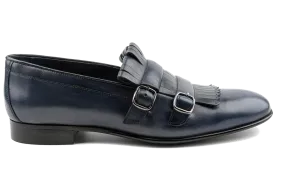 Huy Fringed Double Buckled Leather Loafers, Crust Leather Upper, Experimental Double Monk Leather Sole Loafers, Classy in Navy