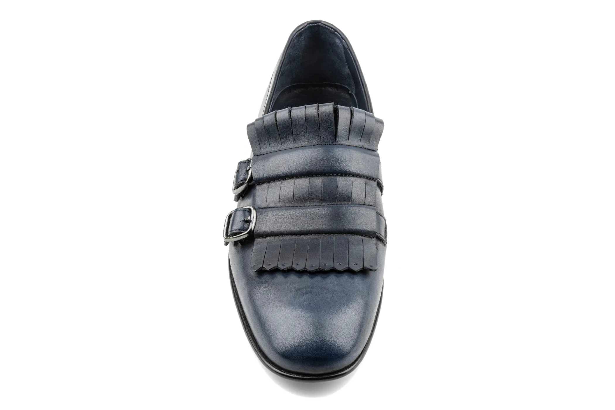 Huy Fringed Double Buckled Leather Loafers, Crust Leather Upper, Experimental Double Monk Leather Sole Loafers, Classy in Navy