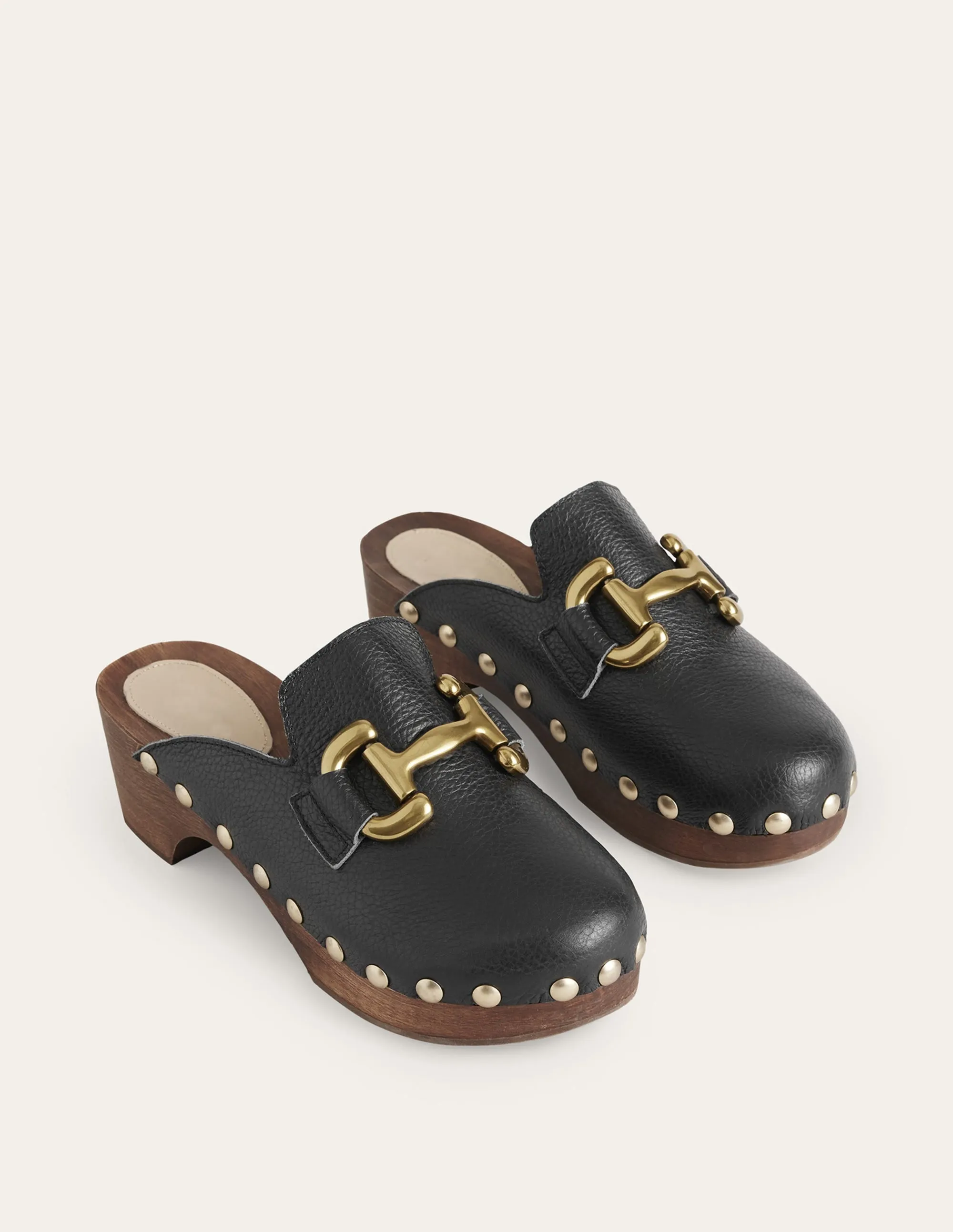 Iris Snaffle Heeled Clogs-Black Tumbled Leather