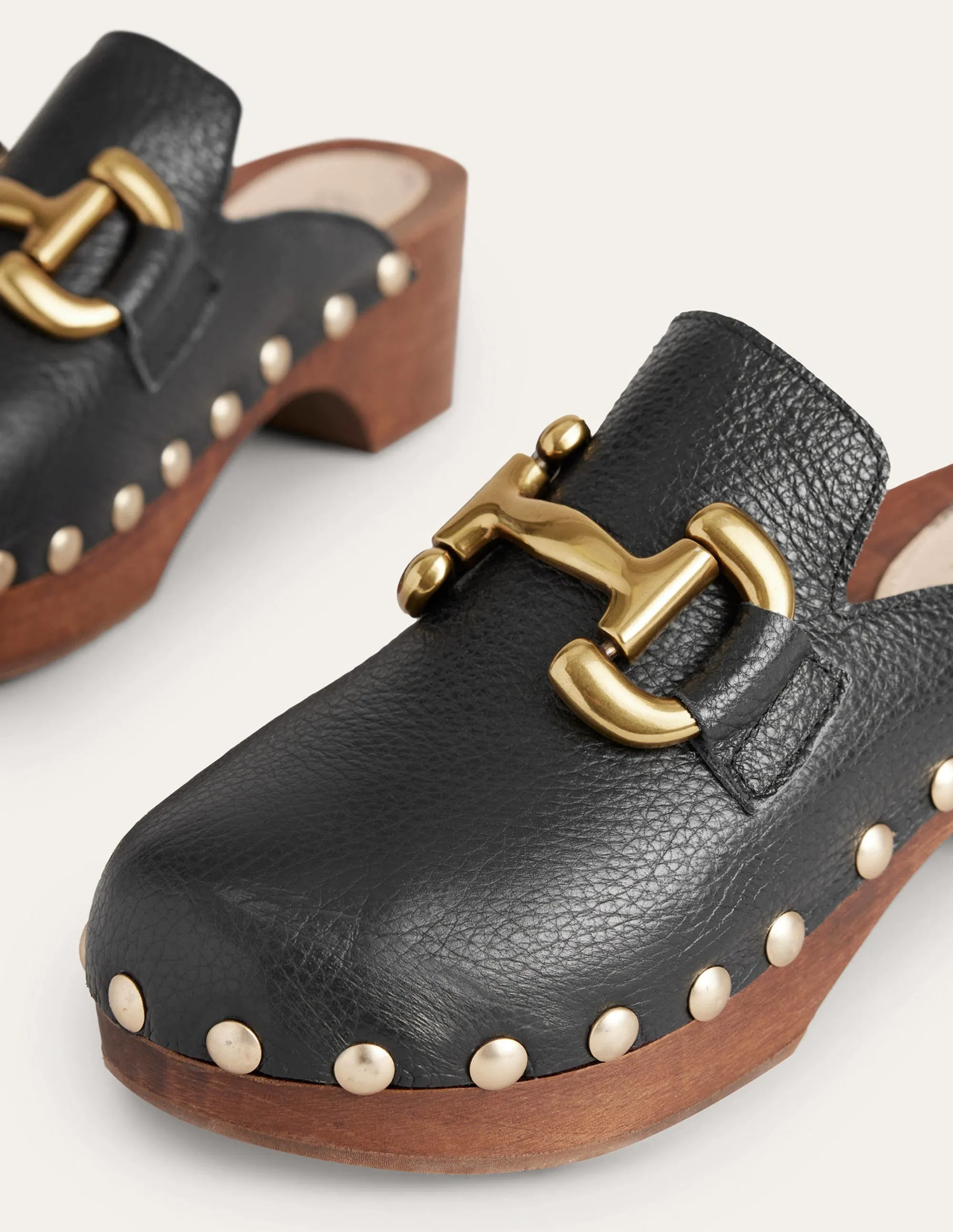 Iris Snaffle Heeled Clogs-Black Tumbled Leather