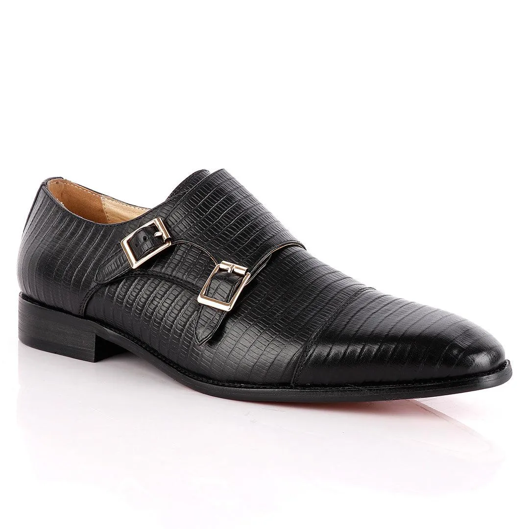 John Foster Double Monk-Strap Croc Black Leather Shoe