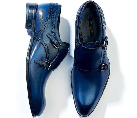 Men's Blue Color Monk Double Buckle Strap Plain Rounded Toe Genuine Leather Shoes