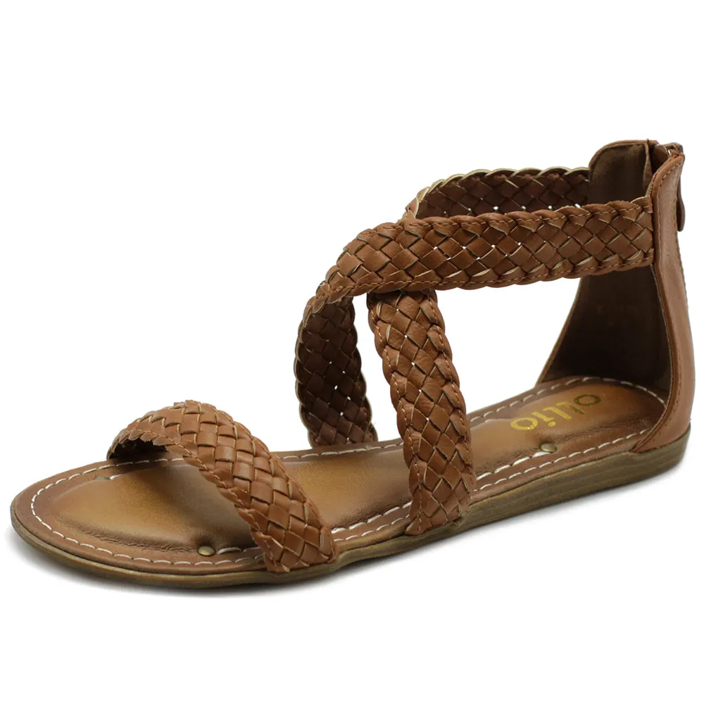 Ollio Women's Shoe Cross Braided Multi Color Flat Sandal