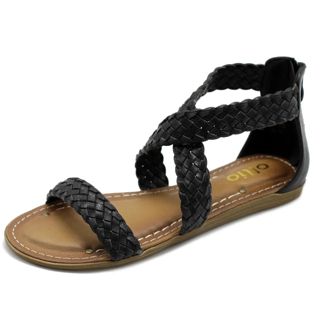 Ollio Women's Shoe Cross Braided Multi Color Flat Sandal