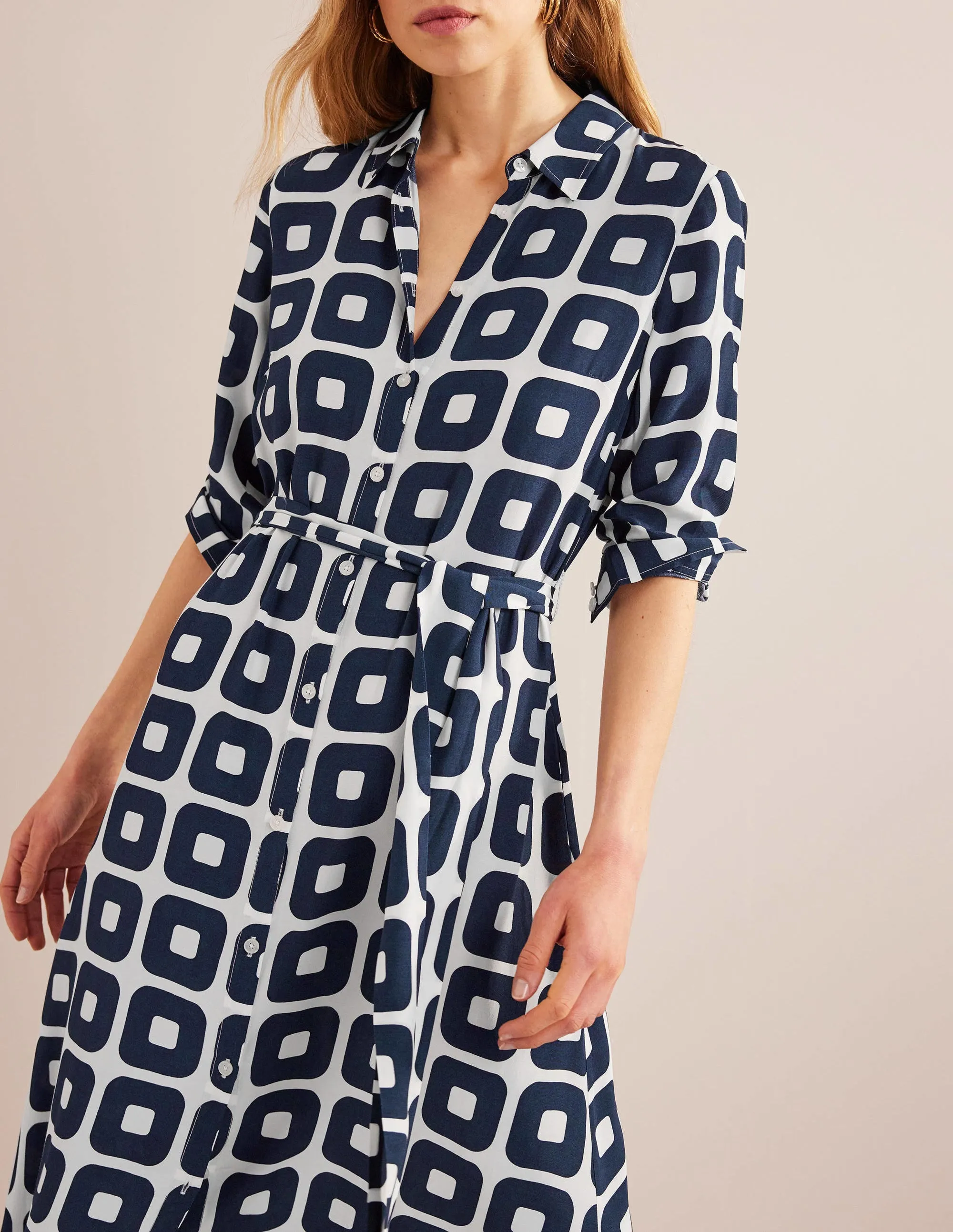 Printed Midi Shirt Dress-French Navy, Cube Small