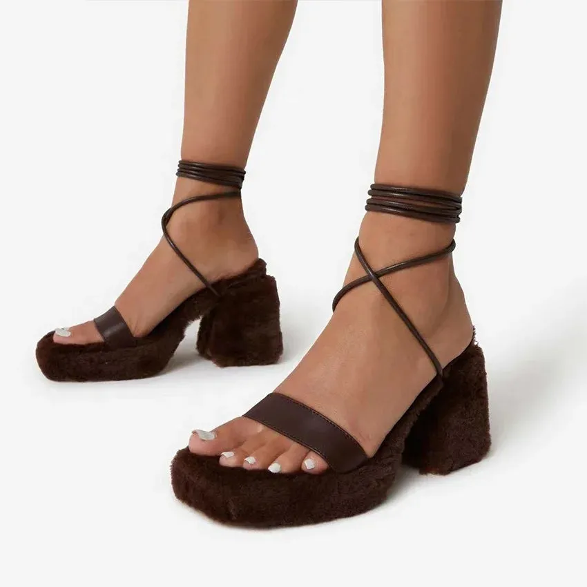 Trend4us Faux Fur Strappy Block Chunky Heel Sandals