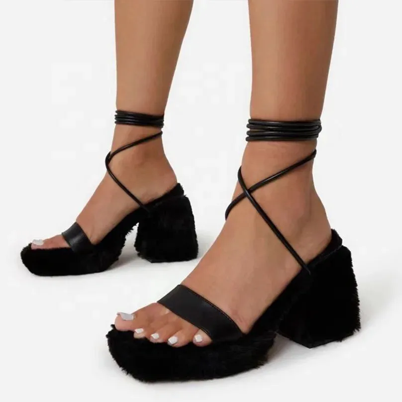 Trend4us Faux Fur Strappy Block Chunky Heel Sandals