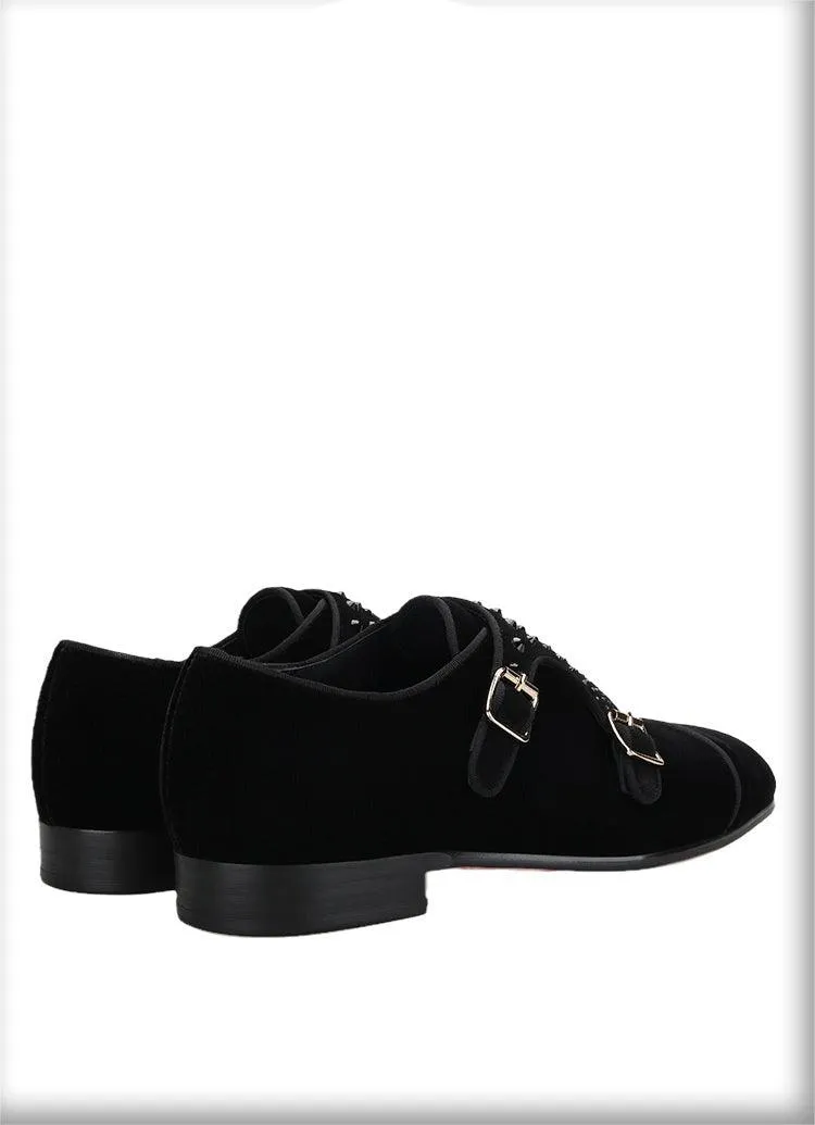 Velvet Monk-Strap Men Loafers With Crystals - Men Shoes