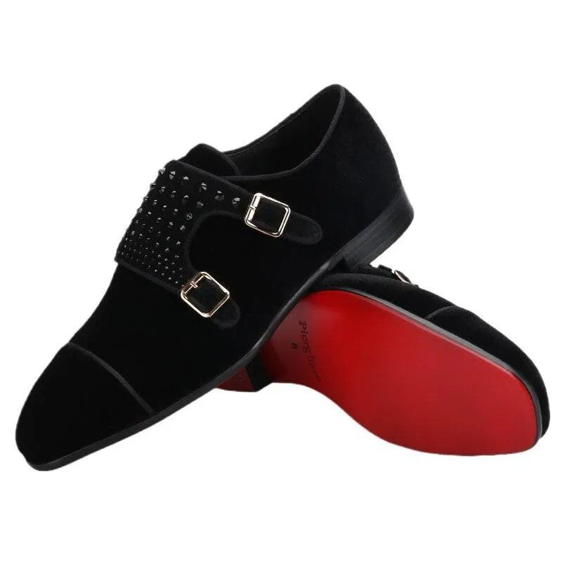 Velvet Monk-Strap Men Loafers With Crystals - Men Shoes