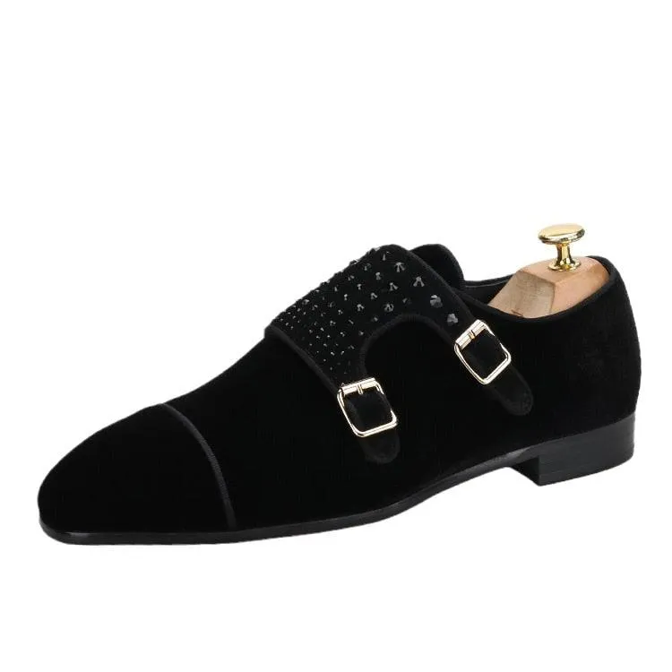 Velvet Monk-Strap Men Loafers With Crystals - Men Shoes