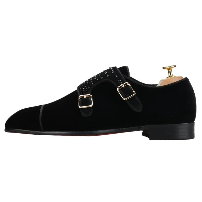 Velvet Monk-Strap Men Loafers With Crystals - Men Shoes